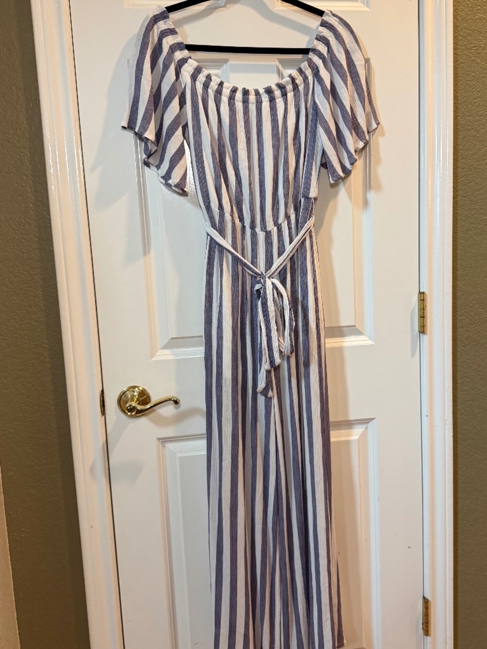 Altar'd State Blue and White Striped Jumpsuit with Belted Waist - Size Small